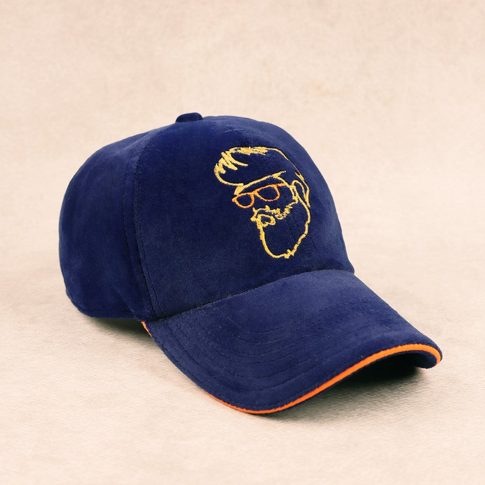 Blue Suede Baseball Cap with Embroidered Design