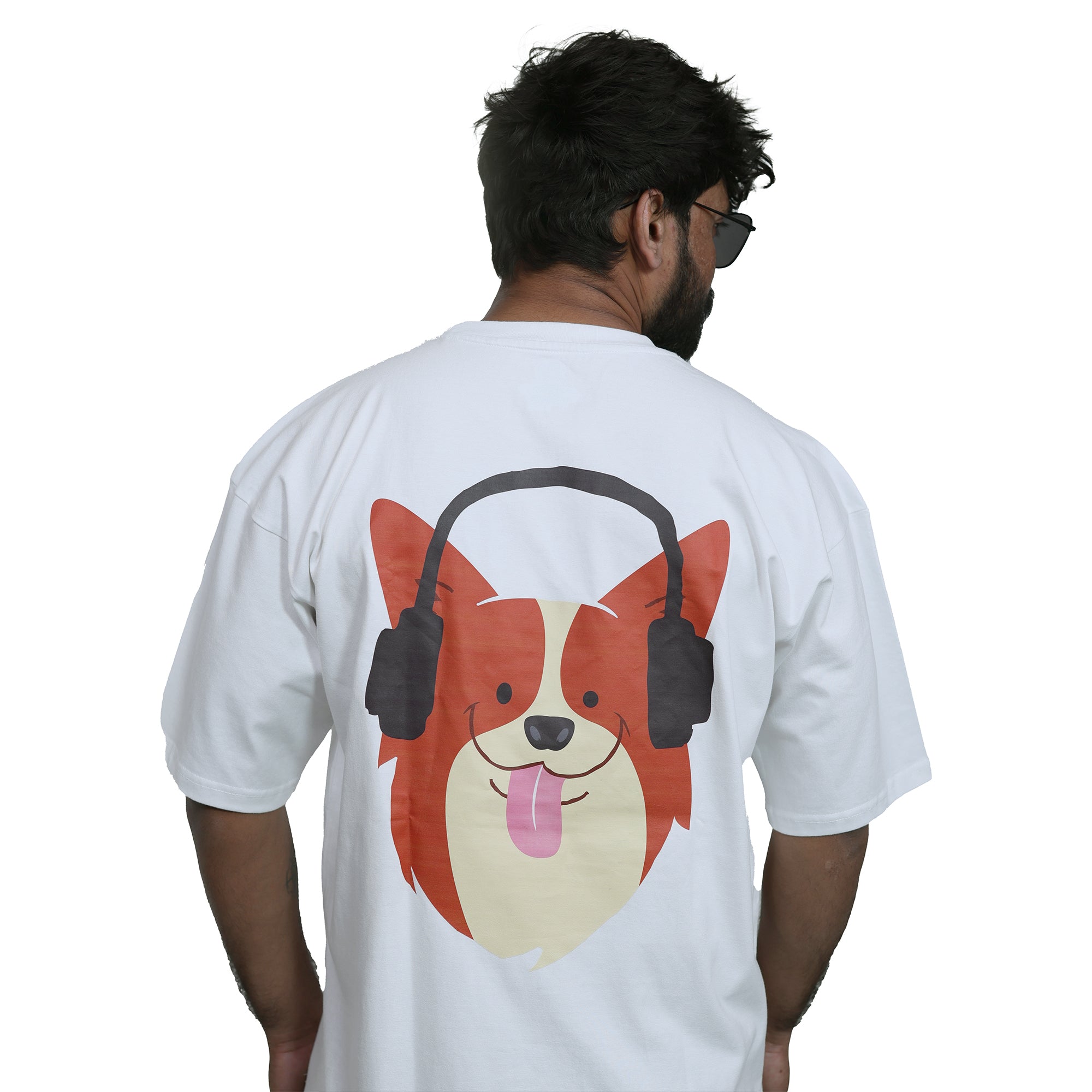 Men's White Headphones Dog Graphic Relaxed Fit T-Shirt