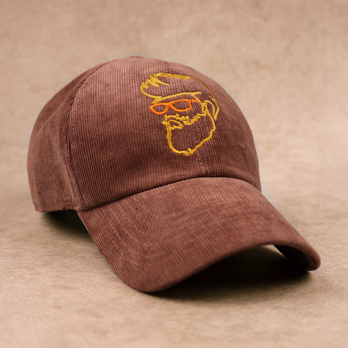 Brown Corduroy Baseball Cap with Embroidered Design